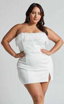 Rhaiza Mini Dress - Faux Feather Trim Strapless Dress in White