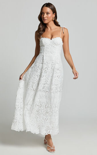 Leanne Midi Dress - Tie Shoulder Corset Lace Dress in White