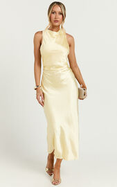 Aluna Midi Dress - High Neck Cross Back Satin Slip Dress in Lemon | Showpo