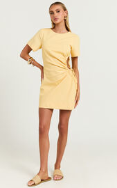 Samira Mini Dress - Ruched Cut Out Linen Look Dress in Lemon | Showpo