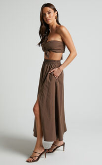 Sula Two Piece Set - One Shoulder Bralette Crop Top and Midi Skirt Set in Chocolate