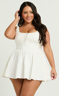 Keegan Mini Dress - Ruched Bust Front Tie Gathered Skirt Dress in White