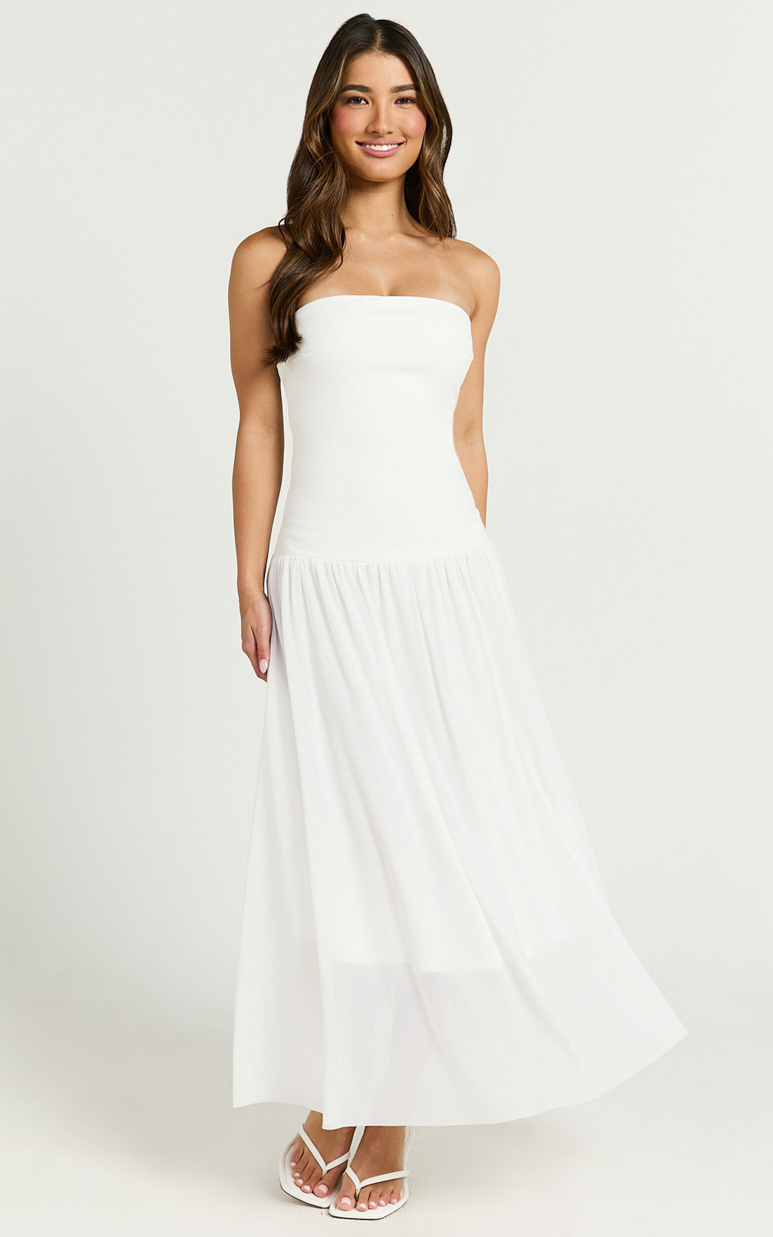 Cherie Midi Dress - Strapless Drop Waist Dress in Ivory - 06, WHT1