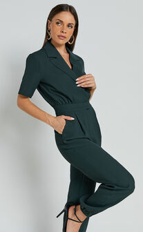 Coco Jumpsuit - Collared Short Sleeve Straight Leg Jumpsuit in Forest Green