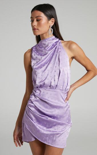 Rammey Mini Dress - High Neck Draped Dress in Lilac