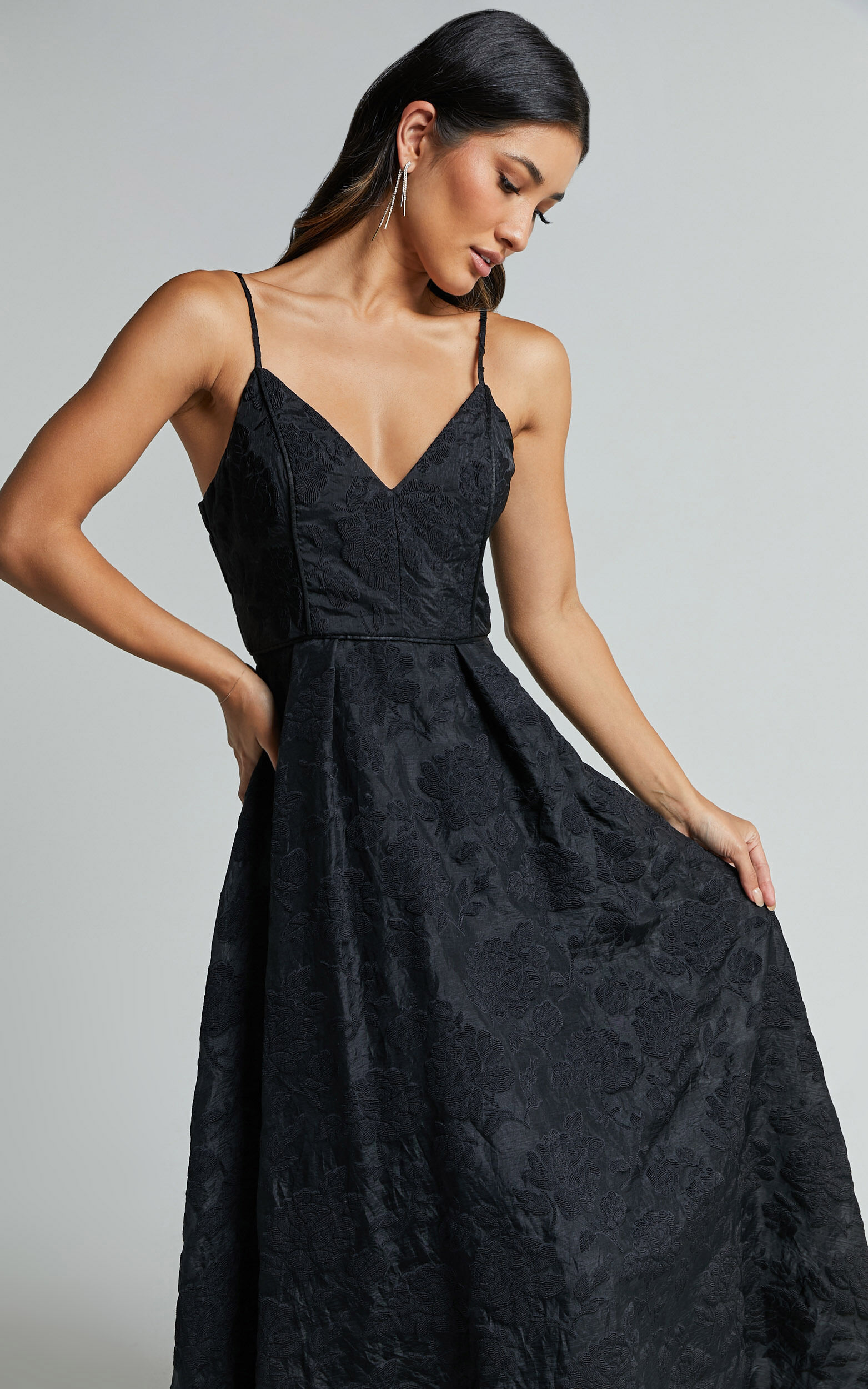 Philine Midi Dress Jacquard Plunge Fit and Flare Dress in Black