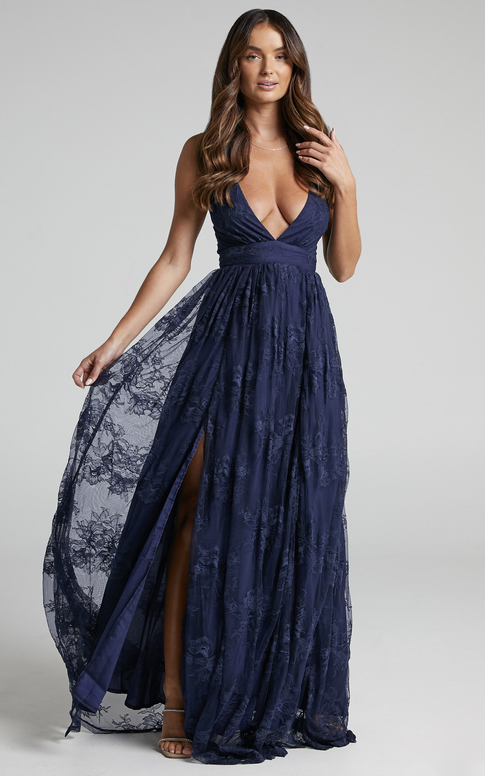 Meijel Plunge Neck Cross Back Maxi Dress in Navy Lace