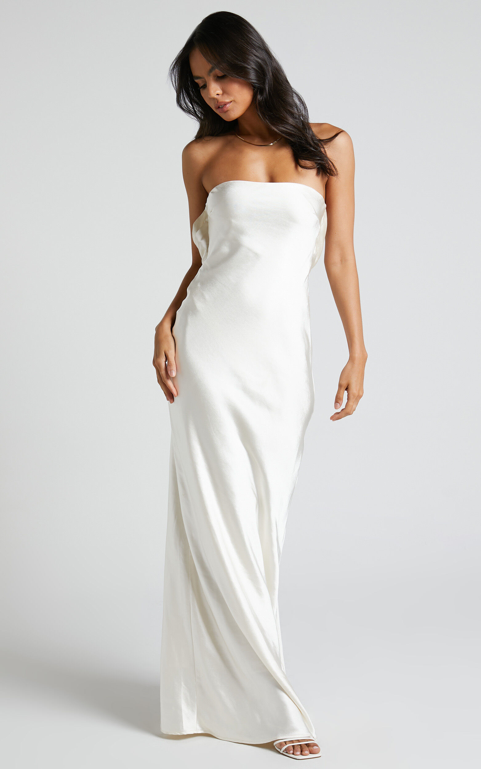 Charlita Maxi Dress Strapless Cowl Back Satin Dress in Pearl Showpo USA