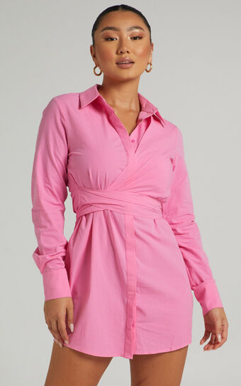 Eugene Collared Shirt Dress in Bubble Gum Pink