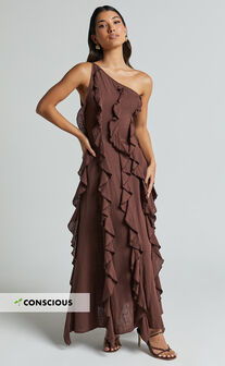 Britney Maxi Dress - One Shoulder Ruffle Detail Dress in Chocolate