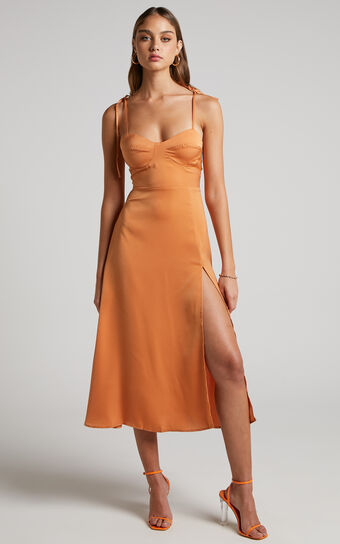 Ciello Midi Dress -  Tie Shoulder Sweetheart Dress in Burnt Orange