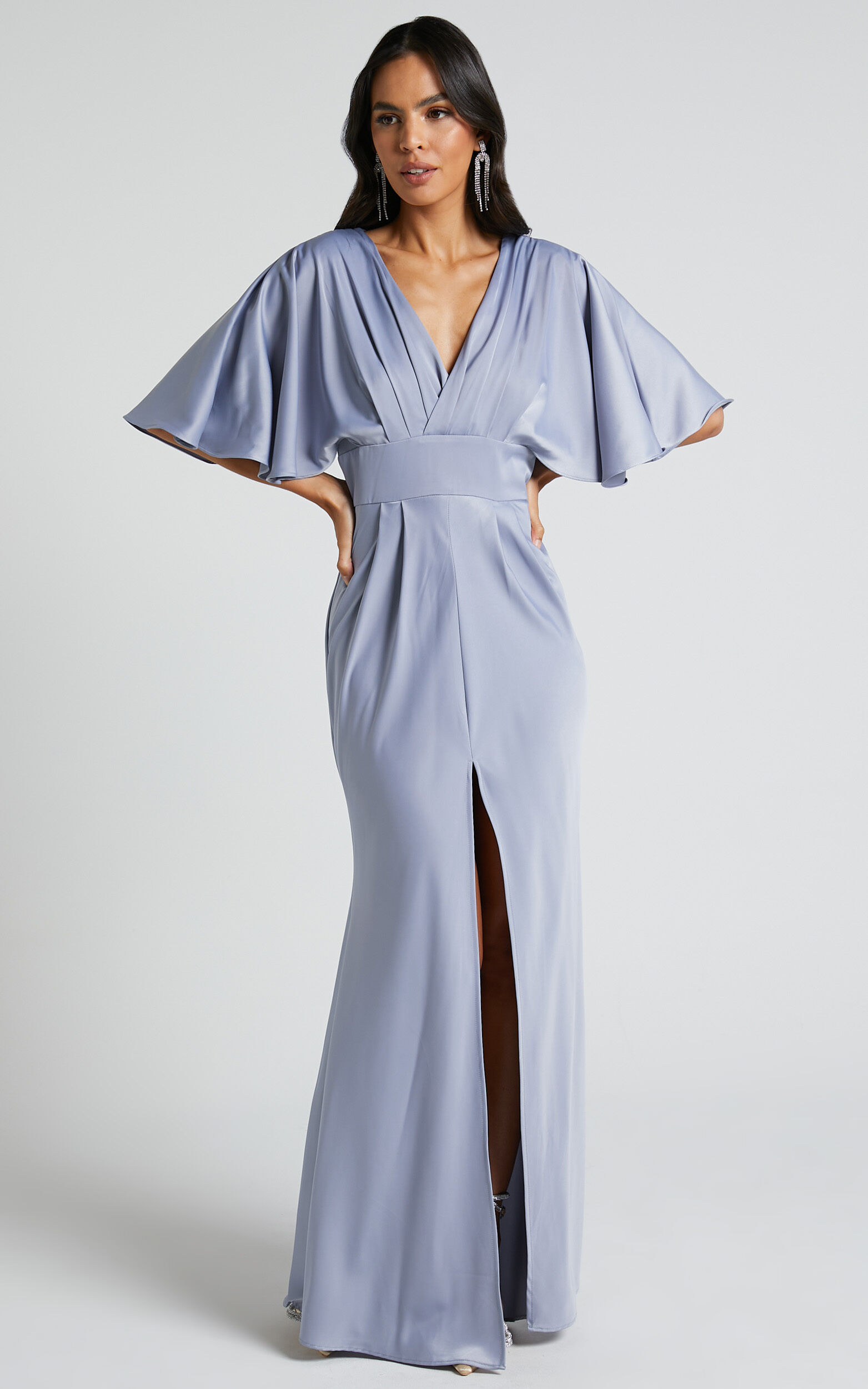 Gemalyn Midi Dress - Angel Sleeve V Neck Split Dress in Sky Blue - 04, BLU2