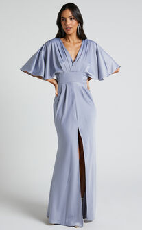 Gemalyn Midi Dress - Angel Sleeve V Neck Split Dress in Sky Blue