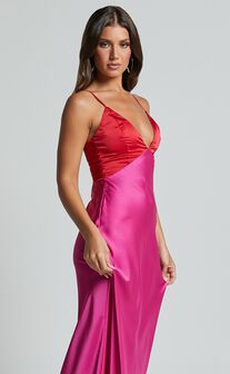 Quincy Maxi Dress - Contrast Panel Satin Slip Dress in Pink/Red