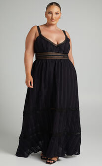 Angelique Maxi Dress - Lace Trim Dress in Black