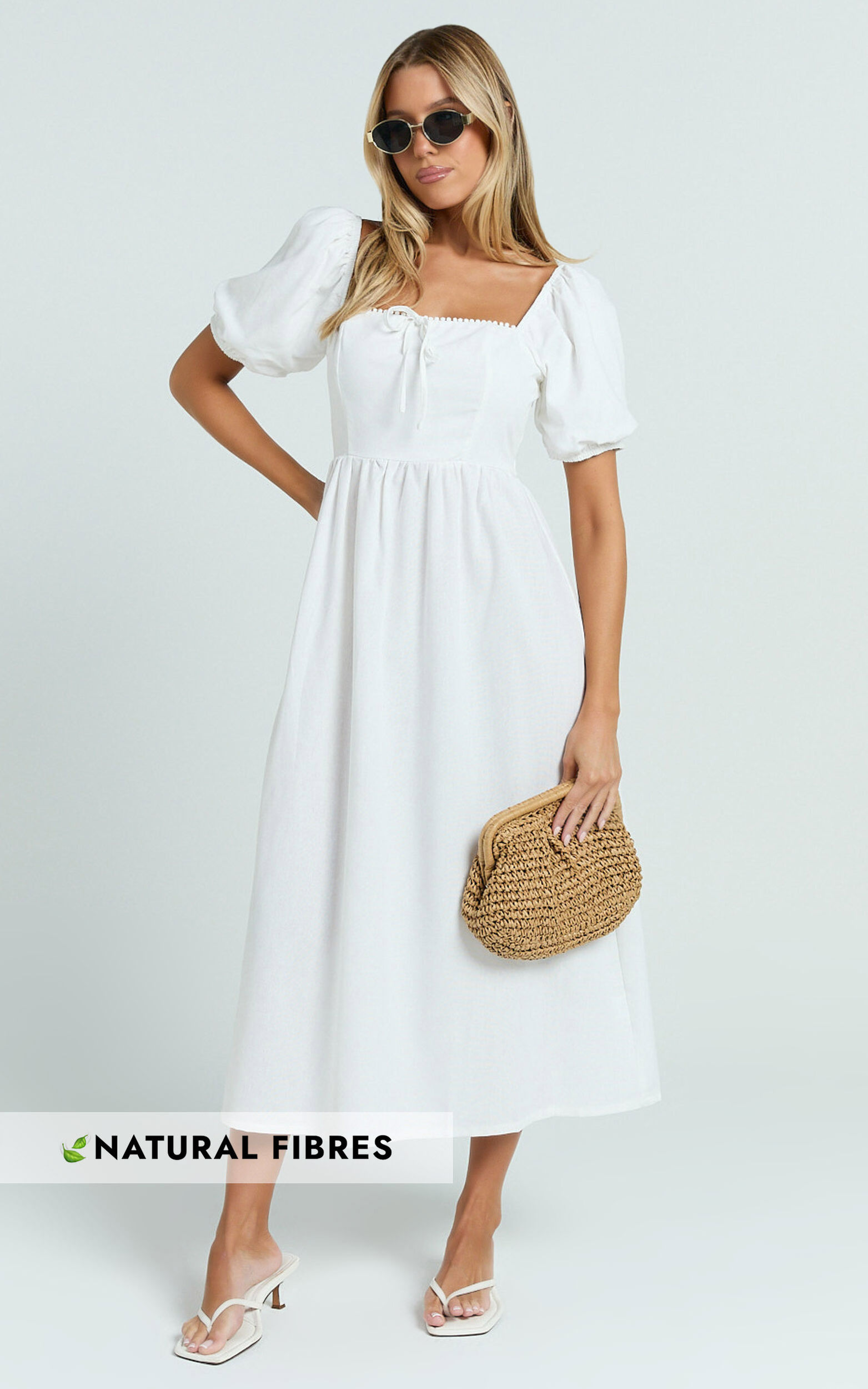 Quinn Midi Linen Blend Dress - Puff Sleeve Square Neck Dress in White - 06, WHT1