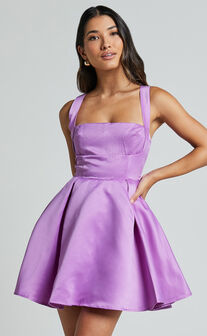 Stephanie Mini Dress - Satin Square Neck Tie Back Dress in Orchid
