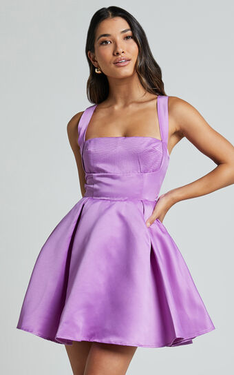 Stephanie Mini Dress  Satin Square Neck Tie Back in Orchid