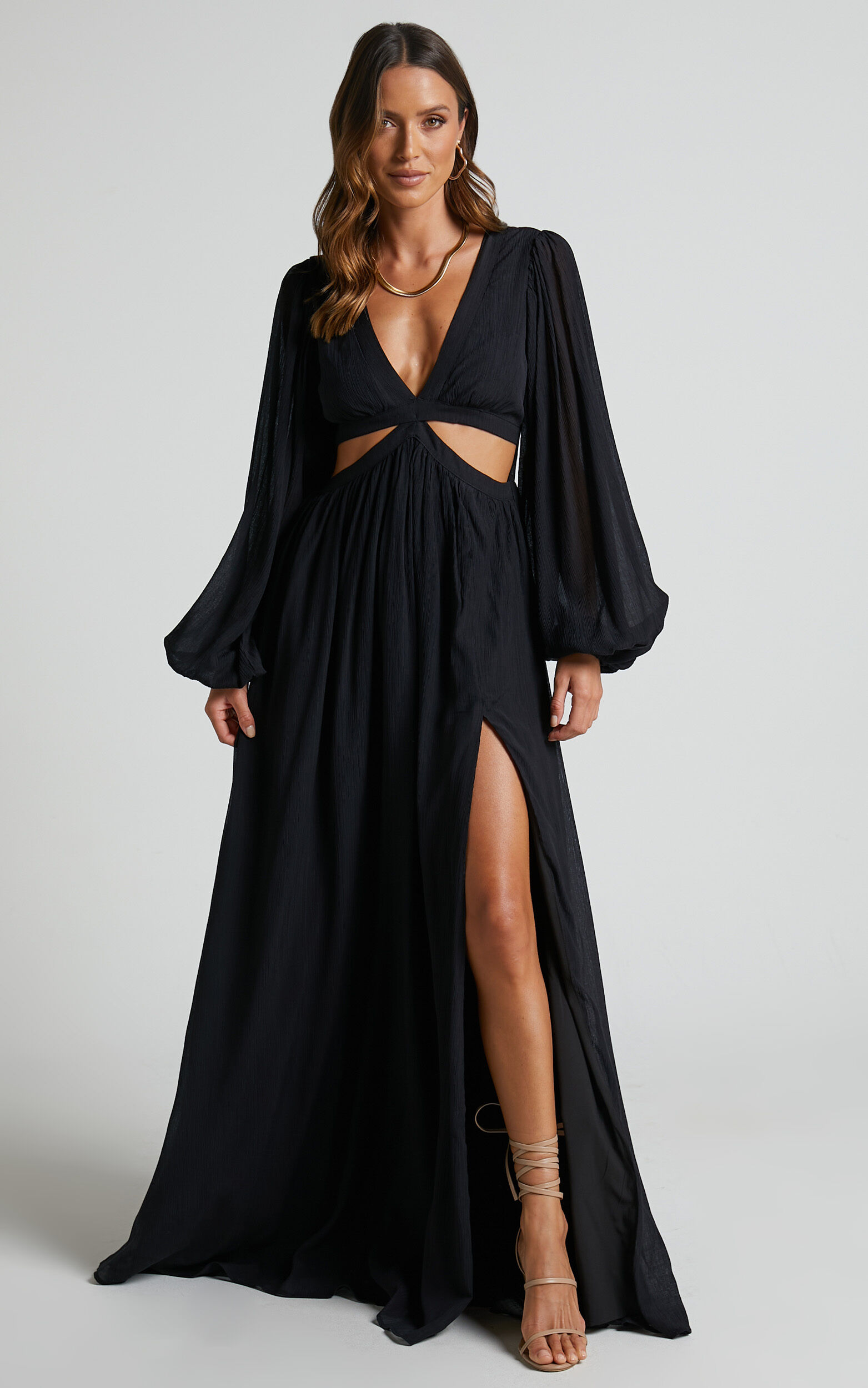 Black Silk Maxi Dress With Long Sleeves and Side Slit, Black Silk