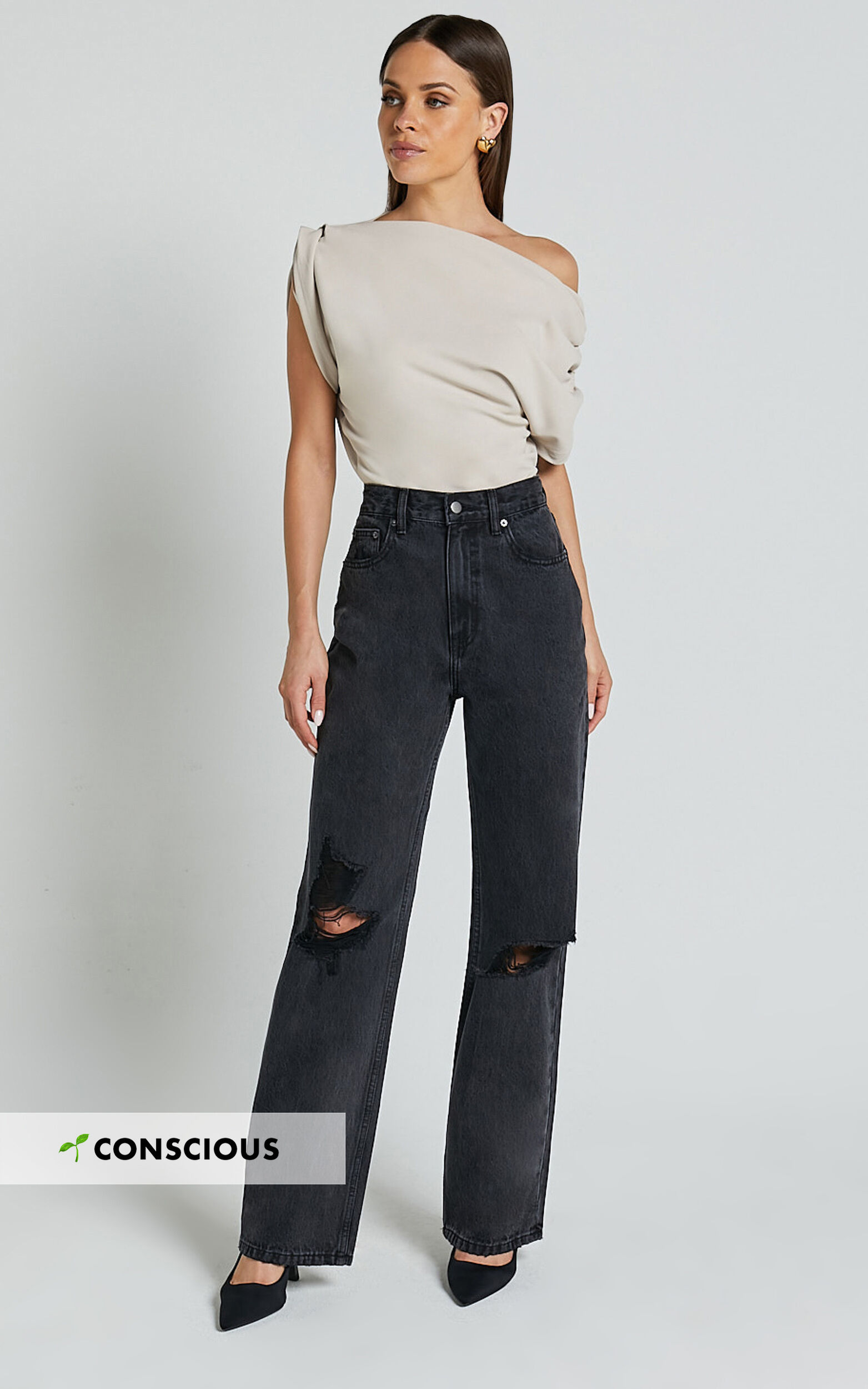 Miho Jeans - High Waisted Recycled Cotton Distressed Straight Leg Denim ...