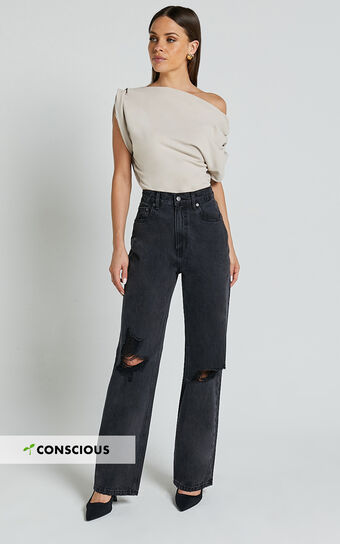 Miho Jeans High Waisted Recycled Cotton Distressed Straight Leg Denim in Washed Sale