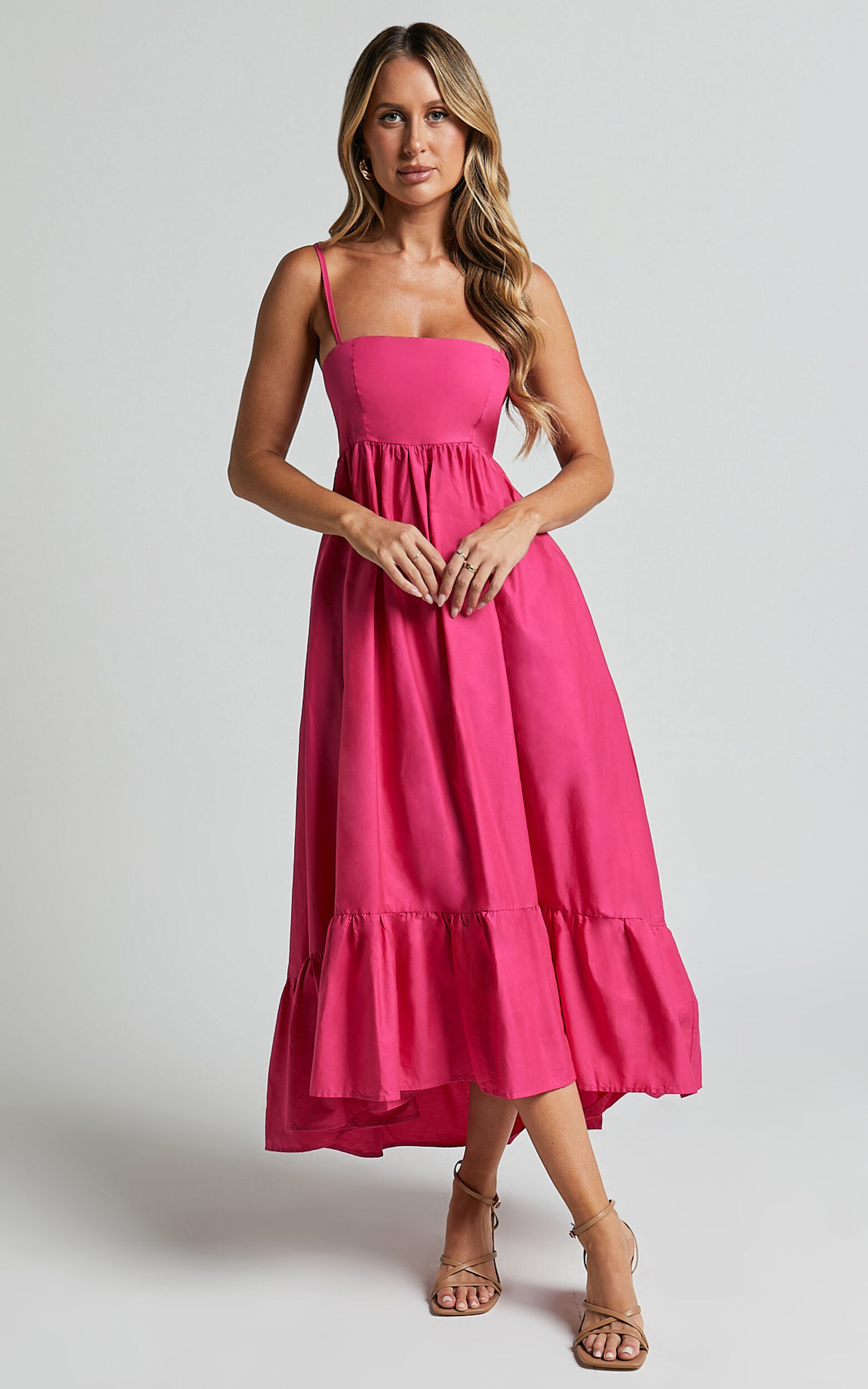 Aveiro Midi Dress - Straight Neck Shoulder Tie High Low Ruffle Hem in ...