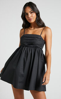 Clover Mini Dress - Back Bow Babydoll Dress in Black