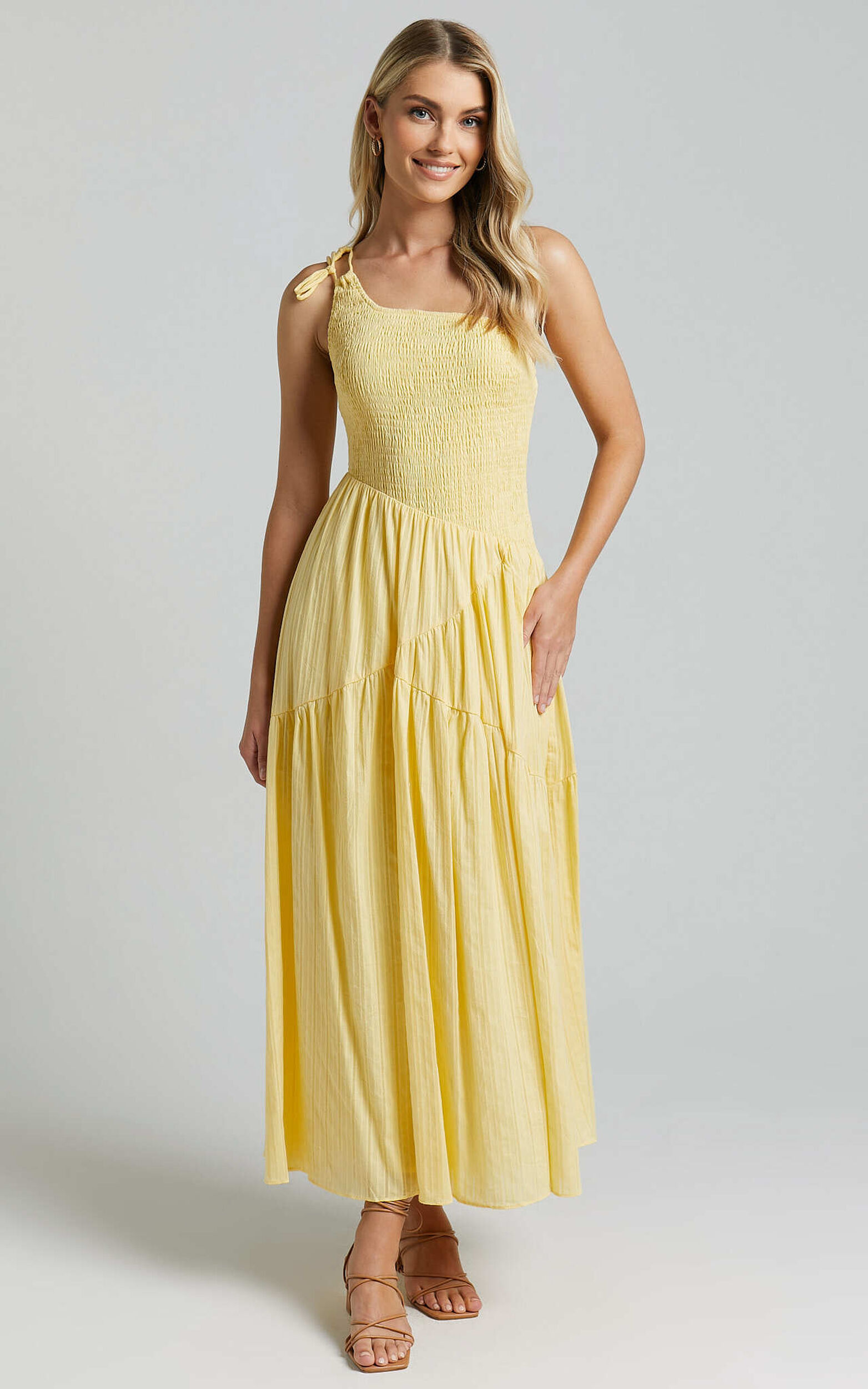 Zhibet Midi Dress - One Shoulder Tie Fit and Flare Dress in Yellow - 06, YEL1