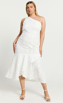 Beth Midi Dress - One Shoulder Ruffle Hem Lace Dress in White