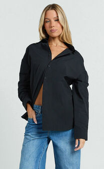 Amaris Top - Long Sleeve Open Back Tie Shirt in Black