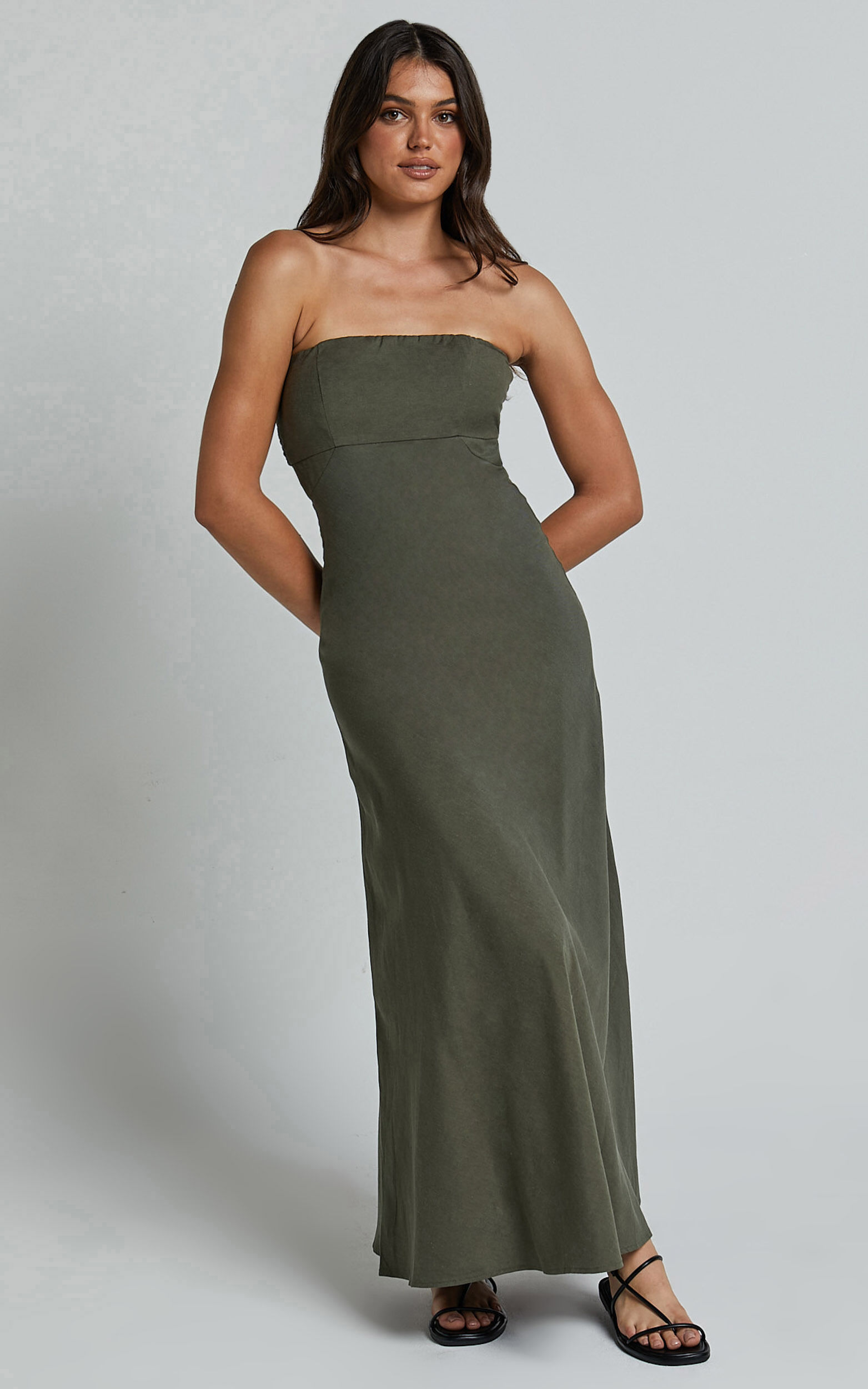 Elerie Maxi Dress - Strapless Linen Dress in Olive - 06, GRN1