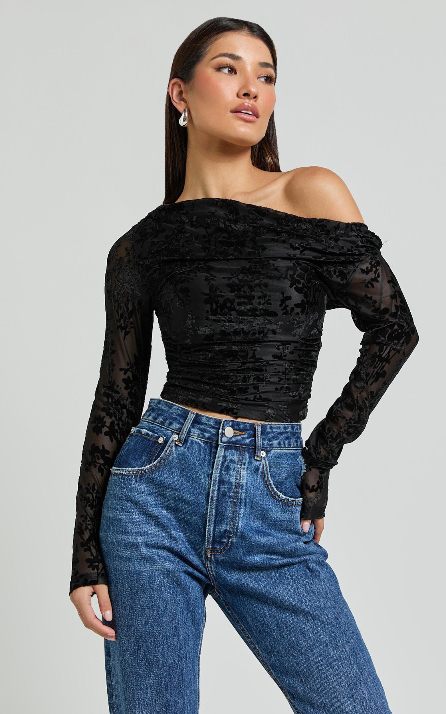 Willow Top - Asymmetrical Ruched Crop Top in Black - 06, BLK1