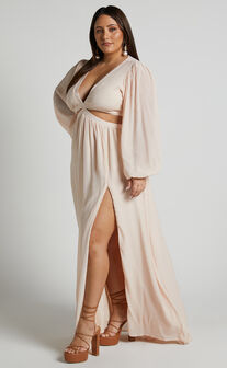 Paige Maxi Dress - Side Cut Out Balloon Sleeve Dress in Neutral