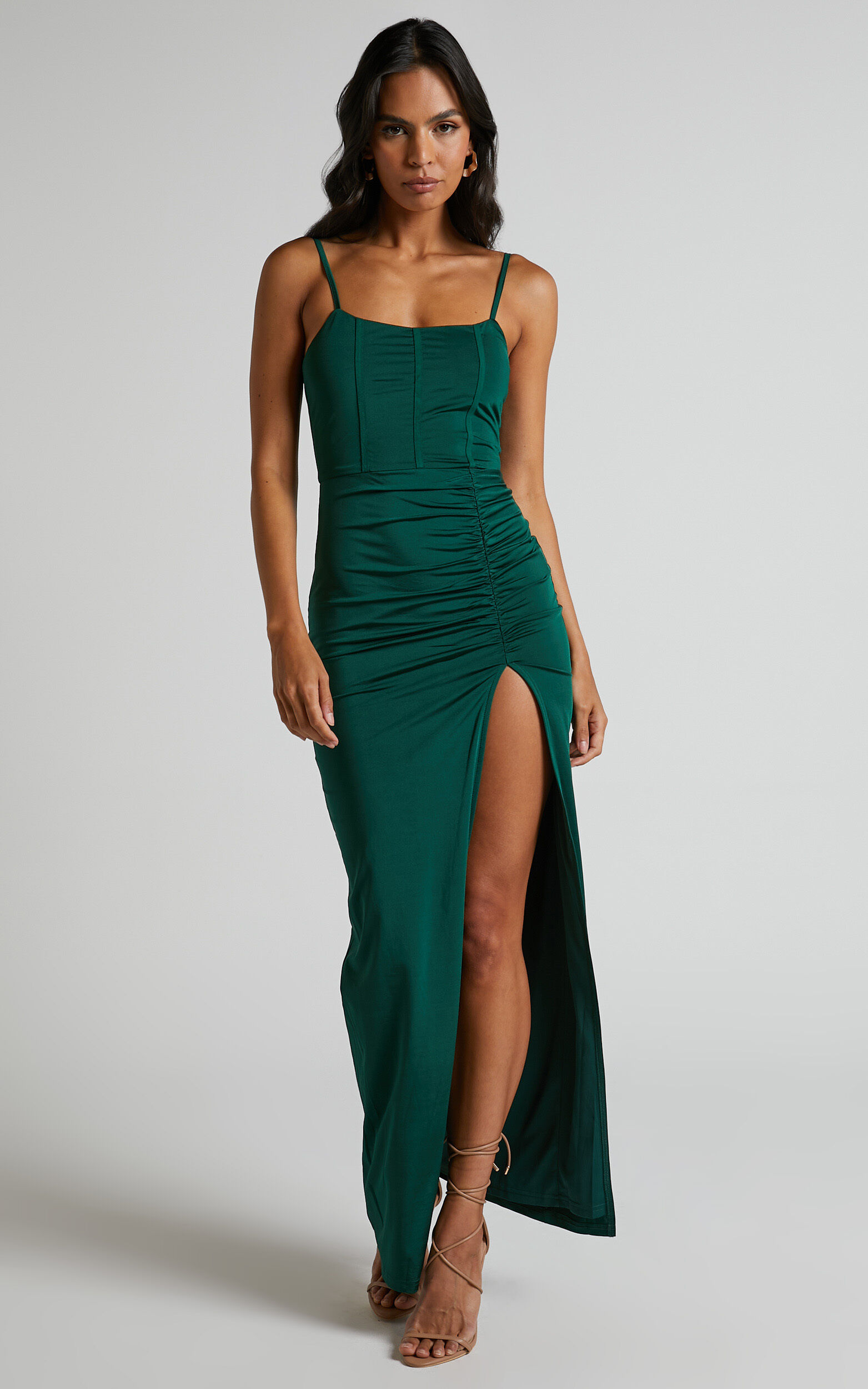 Trinah Midi Dress - Corset Thigh Split Dress in Emerald | Showpo USA