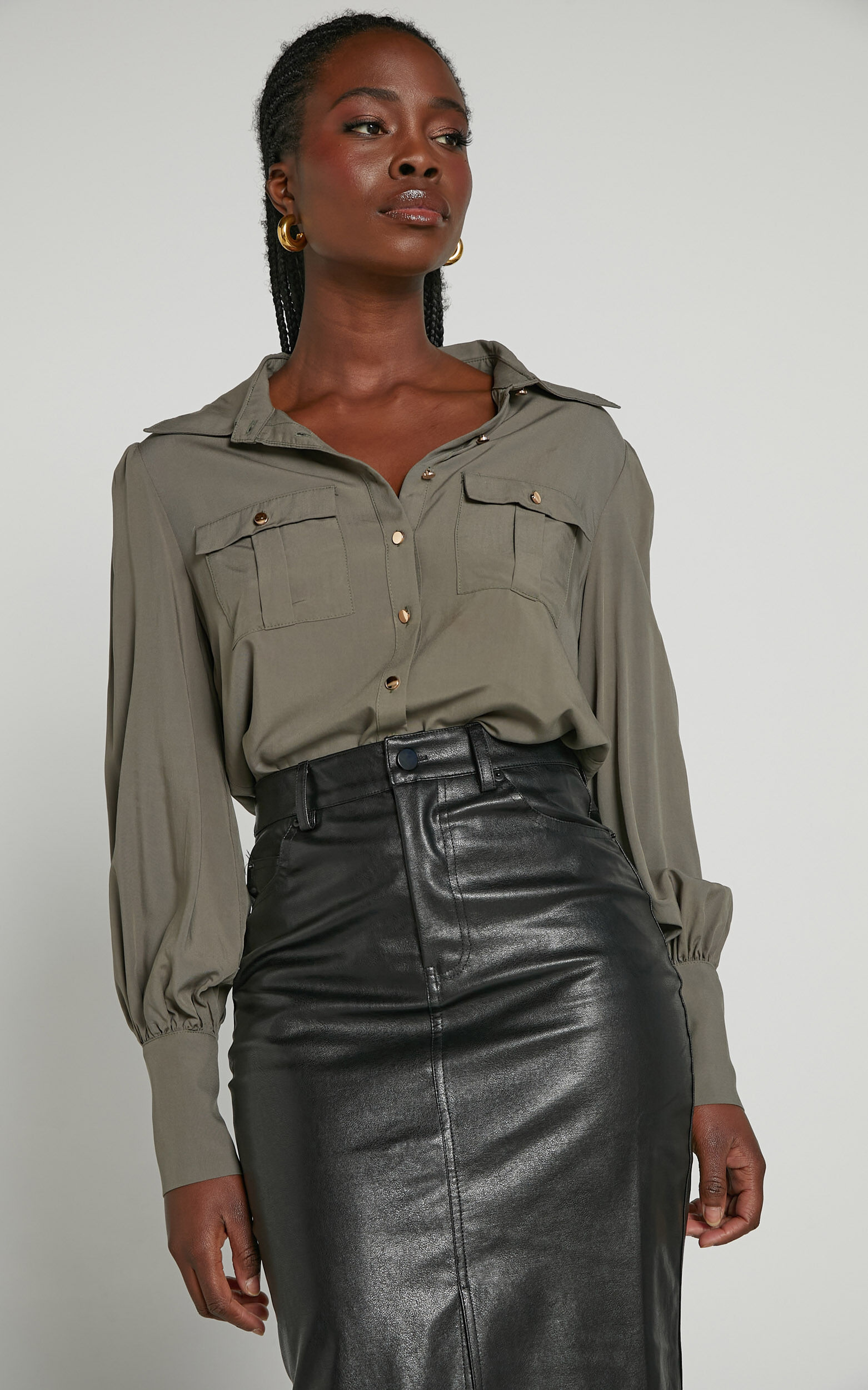 Green leather skirt shirt outlet