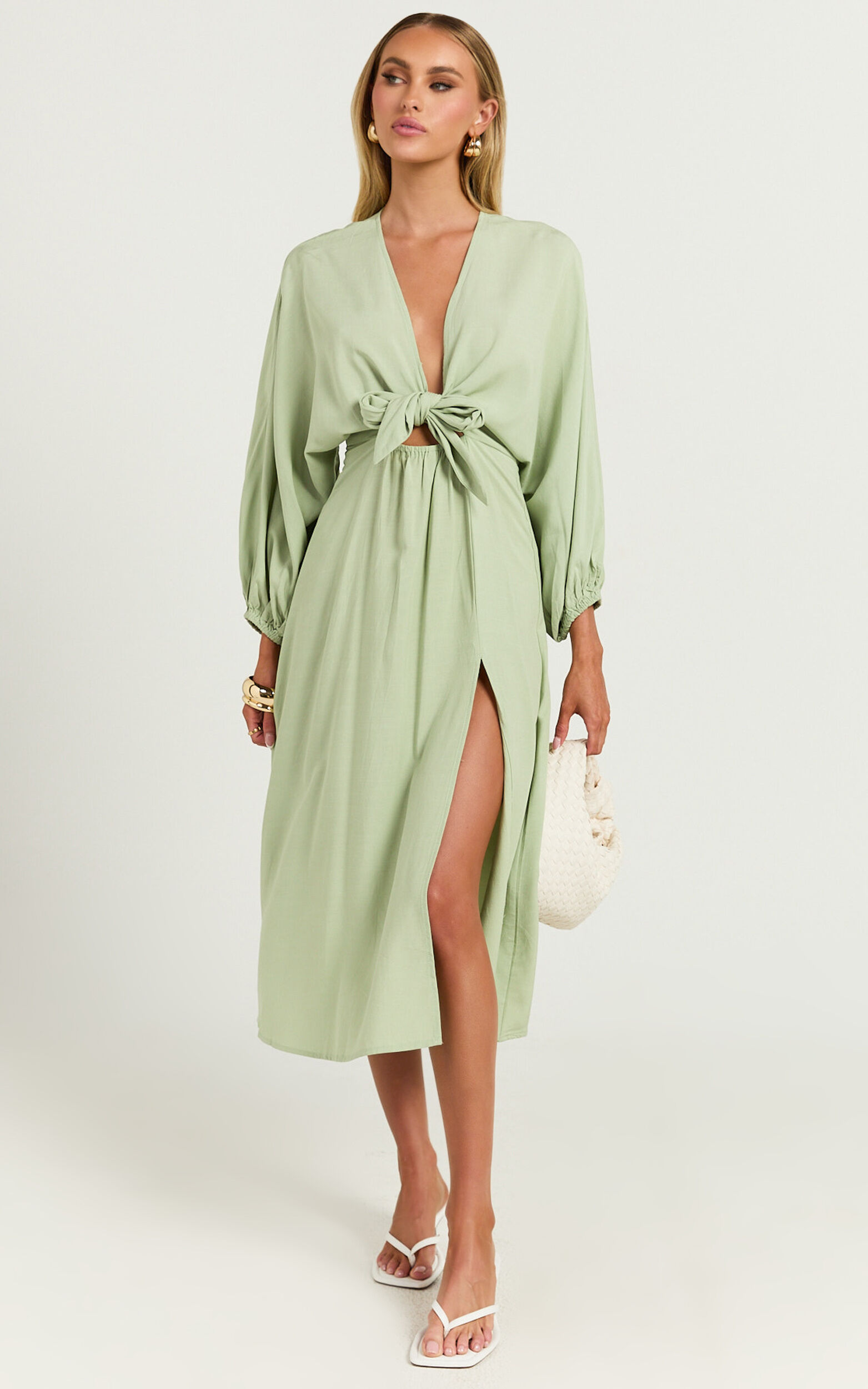 Tyricia Midi Dress Long Sleeve Tie Front Cut Out Dress in Sage