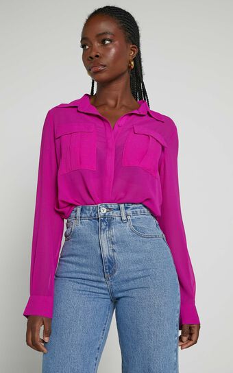 Analie Top - Collared Button Through Long Sleeve Shirt in Fuchsia