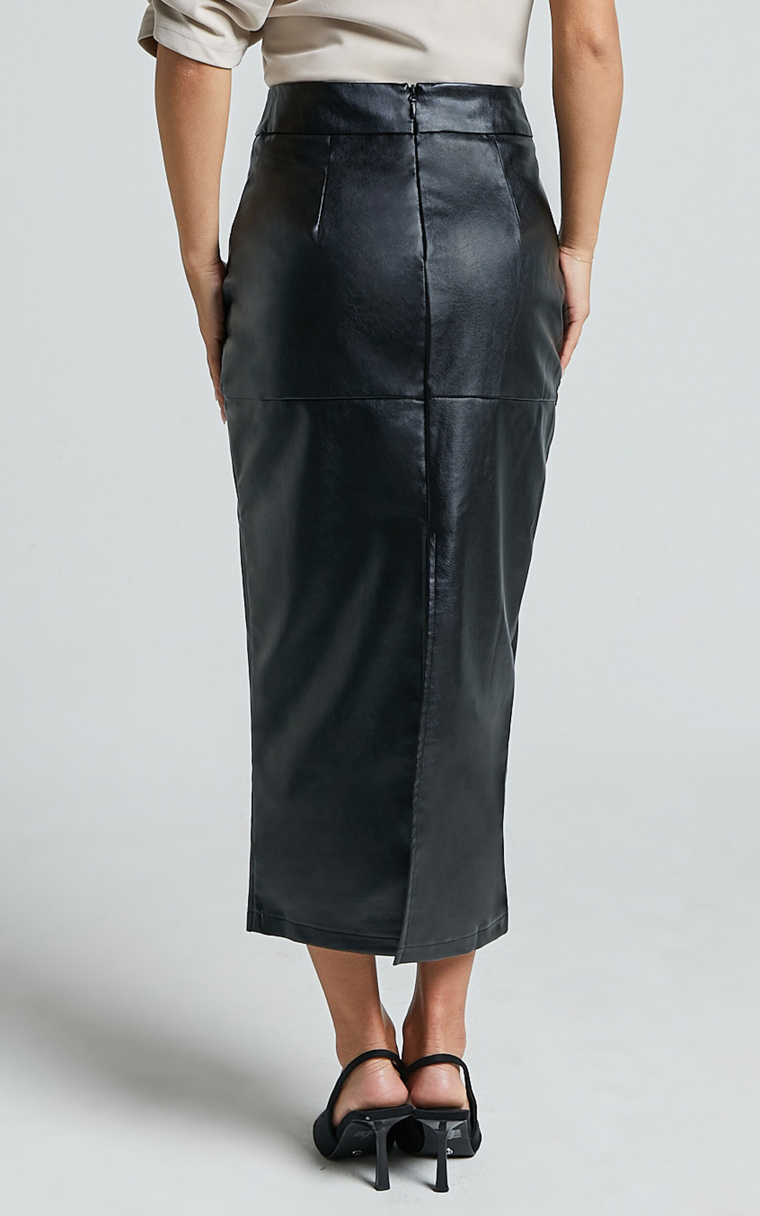 Emma Midi Skirt High Waisted Faux Leather Skirt in Black Showpo