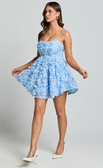 Alvia Mini Dress - 3d Flower Full Skirt Dress in Soft Blue