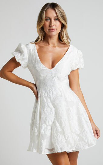 Brailey Jacquard Mini Dress Puff Sleeve in White Showpo