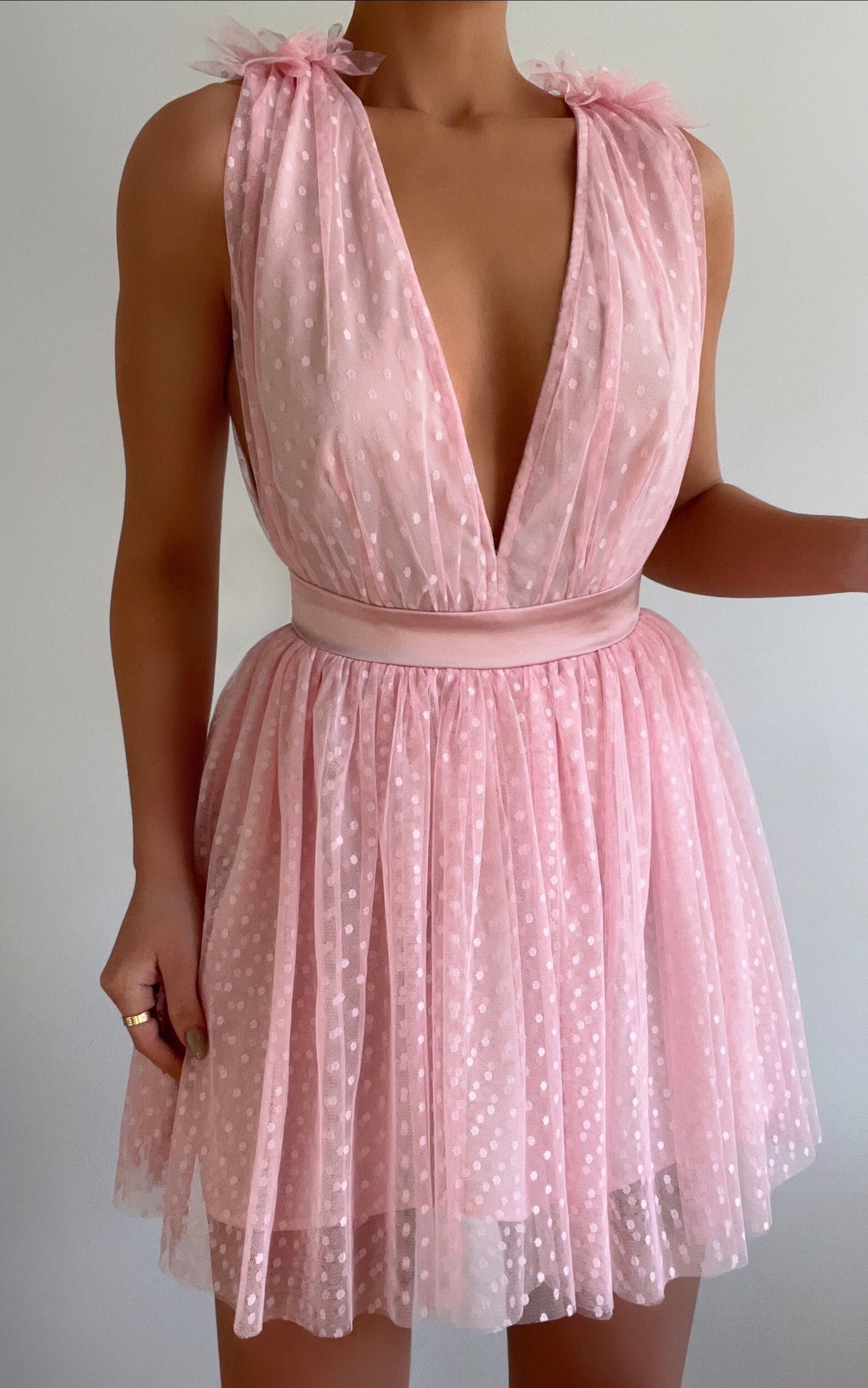 Mariabella Mini Dress - Tulle Plunge Dress in Pink - 04, PNK2