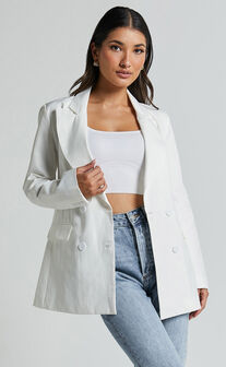 Harriet Blazer- Linen Look Double Breasted Oversized Blazer in White