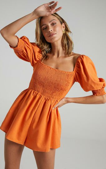 Take Action Playsuit - Linen Look Puff Sleeve Shirred Playsuit in Orange
