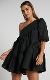 Harleen Mini Dress - Linen Look Asymmetrical Trim Puff Sleeve Dress in ...