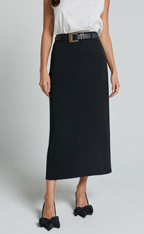 Alanna Midi Skirt - High Waisted Back Split Pencil Skirt in Black