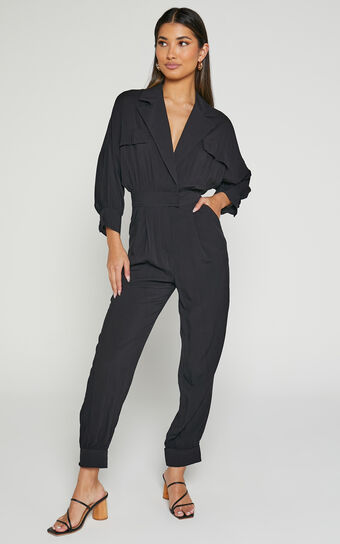 Ayelin Jumpsuit - Linen Relaxed 3/4 Sleeve Jumpsuit in Black
