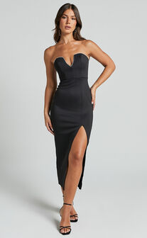 Brenda Midi Dress - Strapless High Slit Side Dress in Black