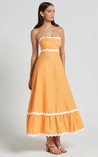 Moriseth Midi Dress Linen Look Sleeveless Fit Flare in Orange No Brand