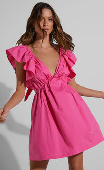 Raiza Mini Dress - Ruffle Sleeve Tie Back Plunge Dress in Fuchsia