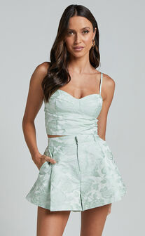Ellise Two Piece Set - Structured Bust Cup Top and Flared Shorts Two Piece Set in Sage Jacquard
